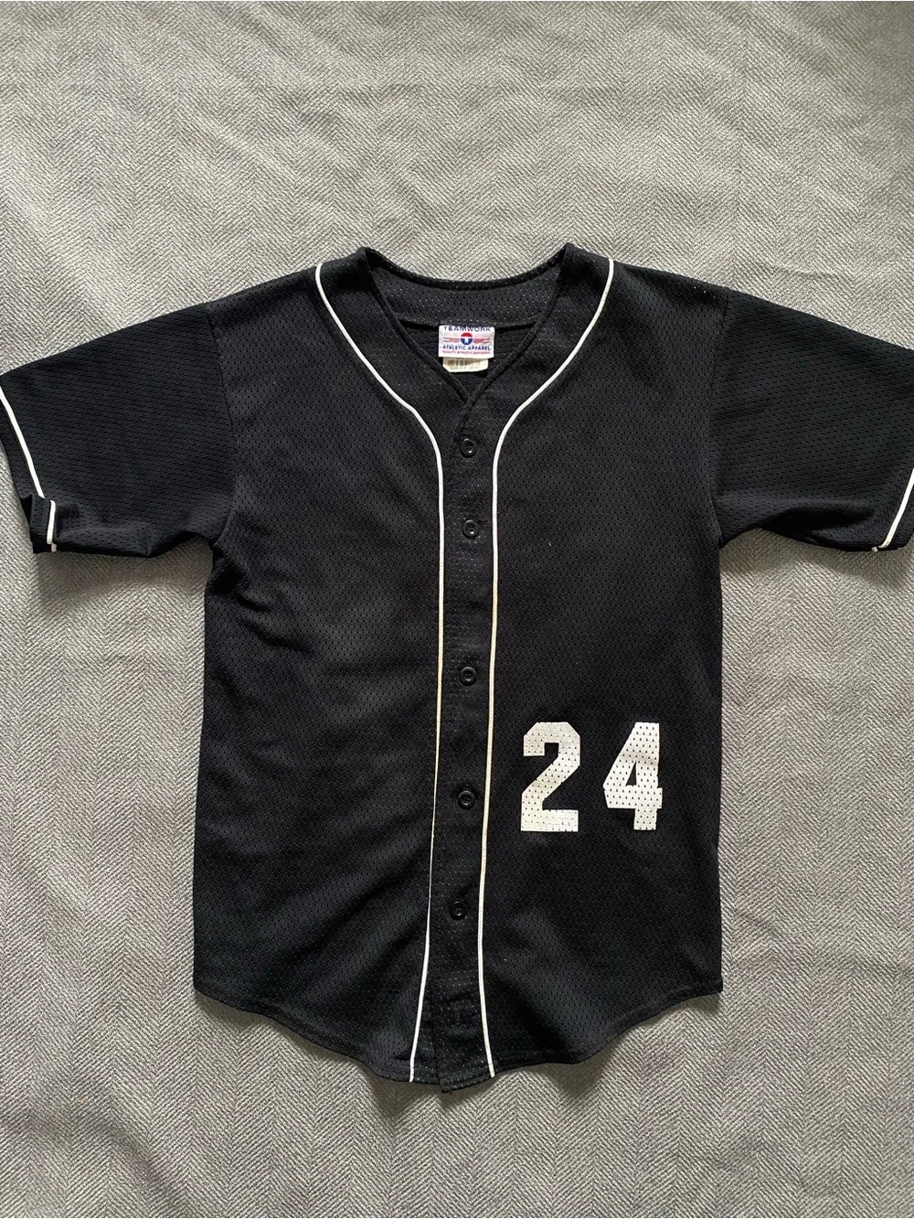 Kids Black Baseball Jersey with White Piping and Number 24